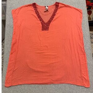 Calzedonia Cobey Coral Orange Sequin V-Neck Cotton Beach Cover Up One Size